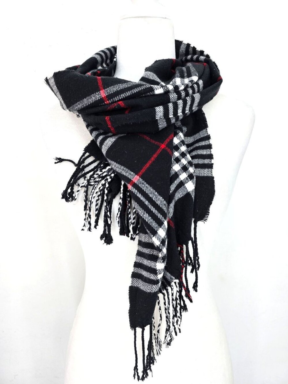 Unisex Cashmere Feel Black Red Plaid Fringe Scarf 75x12